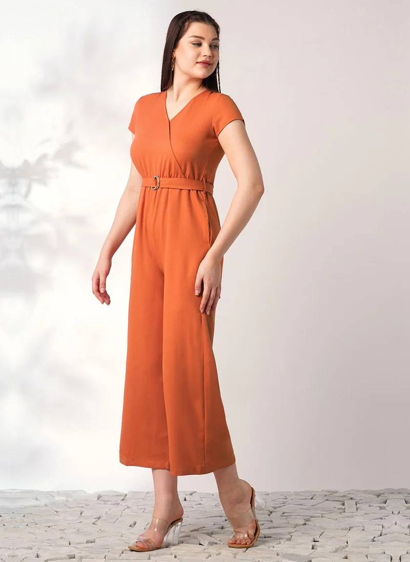 globus Globus Women Rust Wrap V-Neck Short Sleeves Belted Long Jumpsuit